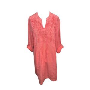 Karyn Seo Eva V-Neck 3/4 Sleeve Embroidered Coral Linen Shift Dress  SZ MED.